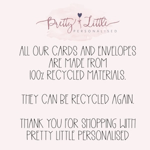 This photo explains the cards are made from 100% recycled materials and can be recyled again.