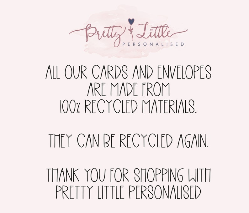 This photo explains the cards are made from 100% recycled materials and can be recyled again.