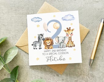 Personalised Godson 1st 2nd 3rd Birthday Card, Godson 1st Birthday, 2nd Birthday, Personalised Godson Birthday Card, Animal Godson