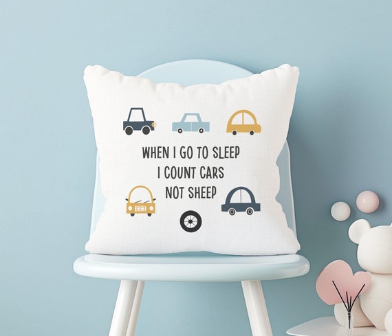 Car Themed Nursery Cushion, Scandi Car Pillow, When I Go To Bed Count Cars Not Sheep