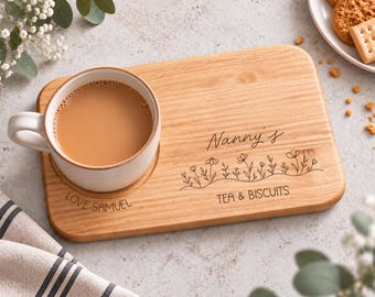 Personalised Wildflower  Nanny's Tea And Biscuits Board, Engraved Wooden Biscuit Tray,  Christmas Gift For Nanny