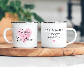 Personalised 10 Year Anniversary Mug Set, Tin Years, Tin Anniversary Gift, 10th Year Wedding Anniversary, Metal Mugs