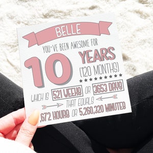 Carte d’anniversaire de 10 ans, carte de 10e anniversaire pour fille, carte d’anniversaire personnalisée, carte de durée de temps, 10e carte pour petite-fille, fille