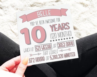 10 Years Birthday Card, 10th Birthday Card For Girl, Personalised Birthday Card, Length Of Time Card, 10th Card For Granddaughter, Daughter