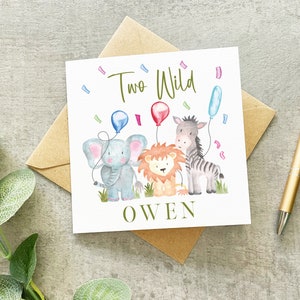 Carte d'anniversaire deux sauvages, carte personnalisée de 2e anniversaire, carte d'anniversaire d'enfant, animaux de la jungle, carte souvenir de 2e anniversaire, carte d'animaux