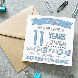 Carte d'anniversaire de 11 ans, carte d'anniversaire de garçons 11e, carte d'anniversaire personnalisée, carte de longueur de temps, carte de 11 ans, anniversaire de garçons, carte de faits