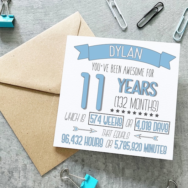 11 Years Birthday Card, Boys 11th Birthday Card, Personalised Birthday Card, Length Of Time Card, 11 Years Card, Boys Birthday, Facts Card