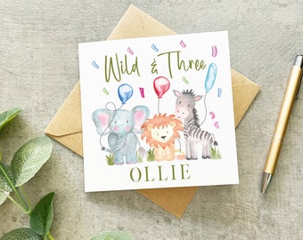 Wild & Three Birthday Card, Personalised 3rd Birthday, Children's Birthday Card, Jungle Animals, Keepsake 3rd Birthday Card, Animal Card