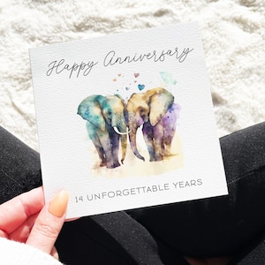 Carte du 14e anniversaire, carte d’anniversaire d’ivoire, anniversaire d’éléphant, carte d’anniversaire traditionnelle 14 années inoubliables anniversaire de mariage