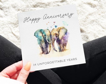 14th Anniversary Card, Ivory Anniversary Card, Elephant Anniversary, Traditional Anniversary Card 14 Unforgettable Years Wedding Anniversary