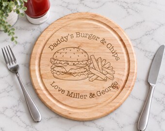 Personalised Burger & Chips Board, Wooden Serving Plate, Father's Day Gift for Dad, Burger Plate