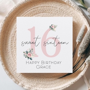 Carte personnalisée de 16 ans, carte d'anniversaire douce seize ans, carte de 16 ans de filles, carte de 16 roses, carte d'âge de 16 ans, mignon, rose