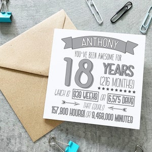 Carte d'anniversaire 18 ans, carte 18e anniversaire, carte d'anniversaire personnalisée, carte durée, carte 18 ans