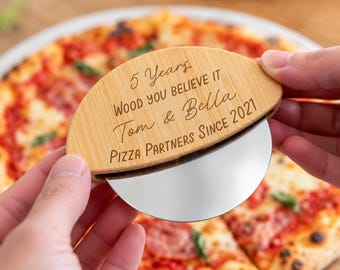 Personalised Wooden Pizza Wheel, Wood Anniversary Gift, 5 Year Wedding Anniversary