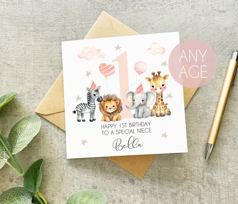 Personalised Niece 1st 2nd 3rd Birthday Card, Niece 1st Birthday, 2nd Birthday, Animal Niece Birthday Card, Animal Party Card, For Niece image 1