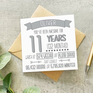 11 Years Birthday Card, 11th Birthday Card, Personalised Birthday Card, Length Of Time Card, 11 Years Card, Boys Birthday Card, Girls Card