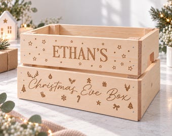 Personalised Christmas Eve Box, Wooden Christmas Crate, Engraved Wood Xmas Tradition