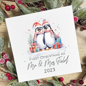 Premier Noël en tant que M. et Mme, carte de Noël personnalisée, carte de mariage personnalisée, carte de M. et Mme Pingouins