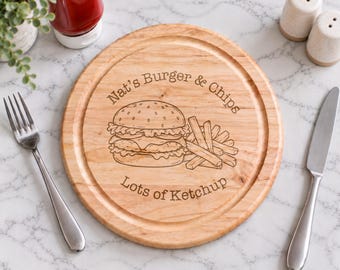 Personalised Burger & Chips Board, Wooden Serving Plate, Burger Plate, Chips