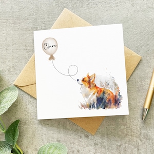 Personalised Corgi Birthday Card, Corgi Card, Name Corgi Card, Age Balloon Corgi Card, Watercolour Corgi Card, Card For Corgi