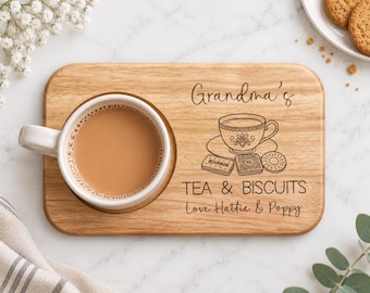 Personalised Grandma's Tea And Biscuits Board, Engraved Wooden Biscuit Tray,  Christmas Gift For Nanny