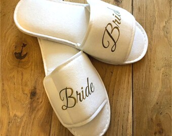 Personalised wedding slippers, bride slippers, bridesmaid slippers, getting ready attire, bride pjs, hen weekend, rmatching bridal party,