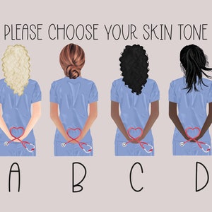 May include: Four illustrations of nurses with different skin tones, wearing blue scrubs and holding a stethoscope in the shape of a heart. The nurses are labeled A, B, C, and D.