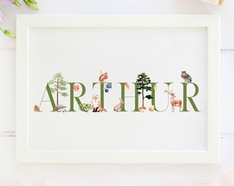 Personalised New Baby Gift, Forest animals, New Baby Name Print, Forest Animals Themed Nursery, Personalised Print For Nursery, Baby Boy,