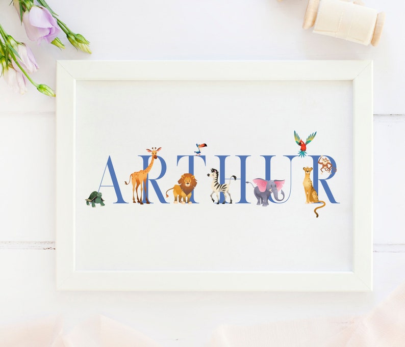 Personalised New Baby Gift, Zoo animals, New Baby Name Print, Zoo Animals Themed Nursery, Personalised Print For Nursery, Baby Boy, 