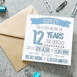 Carte d'anniversaire 12 ans, carte 12e anniversaire de garçon, carte d'anniversaire personnalisée, carte de la durée, carte faits et chiffres, garçon de 12 ans,