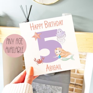 Carte d'anniversaire de sirène, carte d'anniversaire personnalisée pour filles, 1er, 2e, 3e, 4e, 5e, anniversaire, carte d'anniversaire d'âge, carte sur le thème de la sirène, pour fille