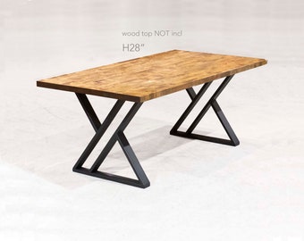 May include: Black metal table legs with a criss-cross design. The table is 28 inches tall. "wood top NOT incl"