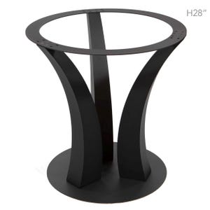 May include: Black metal table base with a round top and curved legs. The base is 71 cm high. The design features a circular top with pre-drilled holes for attaching a tabletop, supported by three curved legs that meet at a circular base.