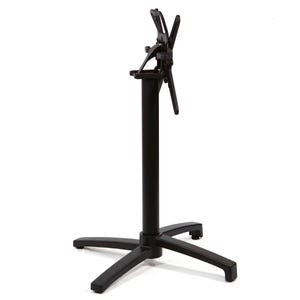 May include: A black table base with a four-legged base and a central support column. The top portion features a mechanism for attaching a tabletop. The base is made of metal and is designed for commercial or home use.