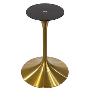 May include: A gold-colored metal table base with a wide, circular pedestal foot and a slender, tapered central column. The top features a flat, circular black mounting plate with pre-drilled holes and two visible silver-toned screws in the center.