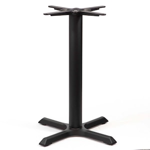 May include: A black table base with a four-point star design at the top and bottom. The central support is a thick, cylindrical column. The base is made of metal and is designed for commercial or residential use.
