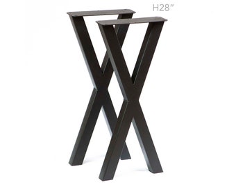 May include: Two black metal table legs in an X shape, each leg is 28 inches tall.  H28" is printed on the image.
