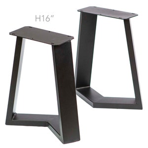 May include: Two black metal table legs with a 16-inch height. The legs are angled and have a rectangular top plate.