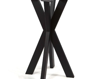 May include: A black metal table base featuring four angled legs that intersect in the center. Each leg has a flat rectangular mounting plate at the top with two pre-drilled holes for attachment, providing a stable support structure for a tabletop.