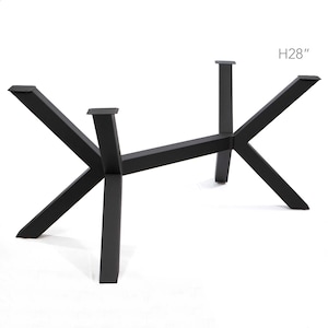 May include: Black metal table base with a modern, geometric design. The base is 28 inches high and features angled legs that intersect at the center, creating a starburst pattern. The base is designed to support a tabletop.