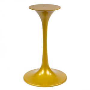 May include: A gold metal table base with a round top and a slender, curved stem. The base is smooth and has a glossy finish.