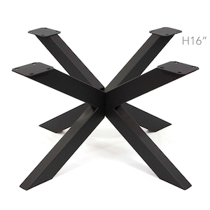May include: Black metal table base with a starburst design. The base has eight angled legs and four square mounting plates. The height is 16 inches.