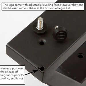 May include: Close-up of a black metal component with adjustable leveling feet and a bolt. The text in the image states that the legs can be used without the feet and that a hole allows for the release of shot blasting sands.