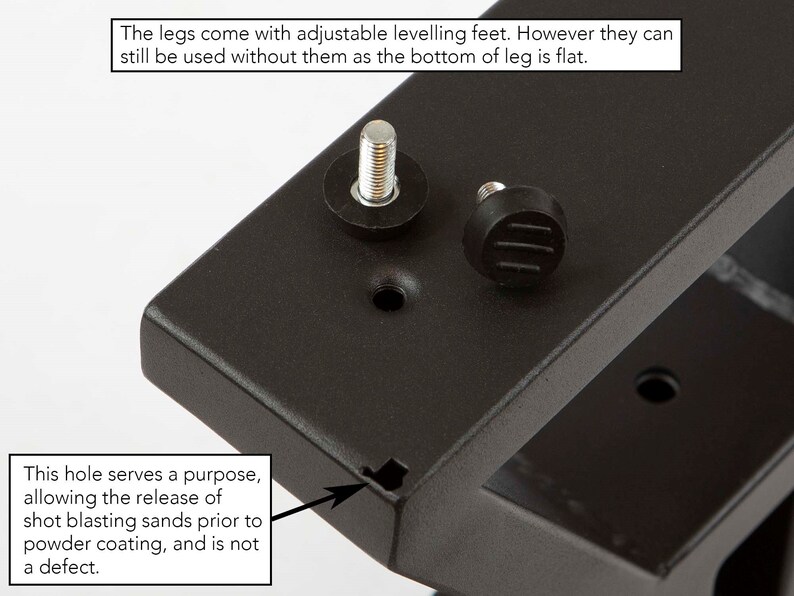 May include: Close-up of a black metal component with adjustable leveling feet and a bolt. The text in the image states that the legs can be used without the feet and that a hole allows for the release of shot blasting sands.