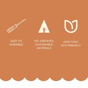 Puede incluir: Un fondo naranja con iconos y texto blancos. Los iconos incluyen un destornillador, un &aacute;rbol dentro de un tri&aacute;ngulo y una forma de tulip&aacute;n. El texto dice: "F&Aacute;CIL DE MONTAR", "MATERIALES SOSTENIBLES CERTIFICADOS FSC" y "NO T&Oacute;XICO ECOL&Oacute;GICO".