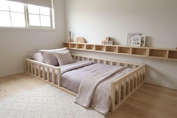 Handmade Montessori Floor Bed Frame with Rails: Canadian Pine Toddler Bed