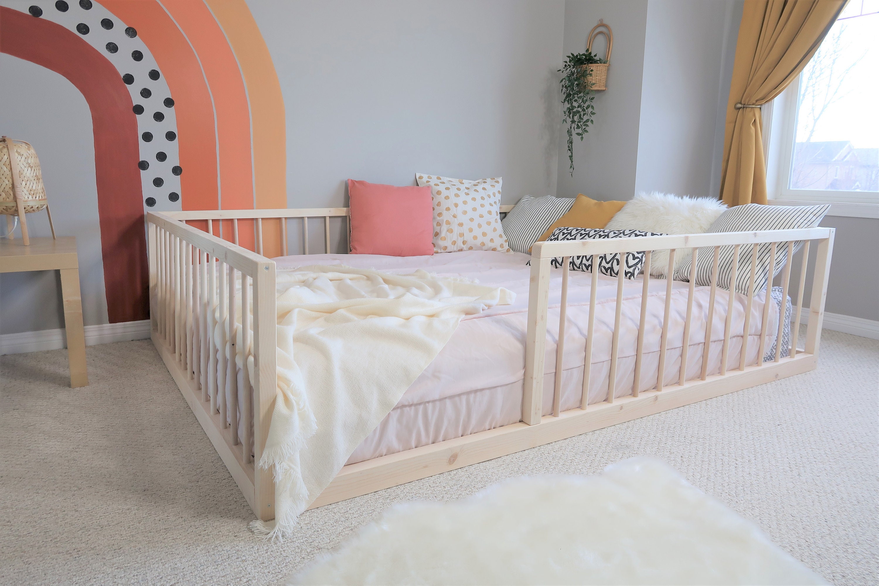 Cama para niños con rieles, Cama para niños pequeños, Cama para niños, Cama para niños, Cama para niños, Marco de la cama en el piso, Cama para el piso con Cama para niños Montessori