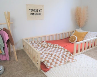 Cadre de lit au sol Montessori avec barrières, lit au sol pour tout-petit, 1 place, 2 places, grand lit