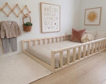 Floor Bed With Rails, Kids Montessori Bed, Twin, Full, Queen, Made In Canada
