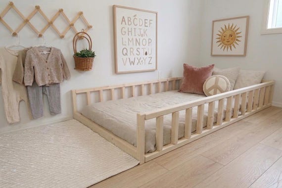 Floor Bed With Rails, Kids Montessori Bed, Twin, Full, Queen, Made In Canada